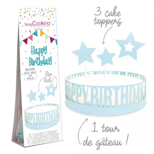 Κορδέλα Τούρτας Happy Birthday & Cake Toppers Μπλε Σετ 4τμχ