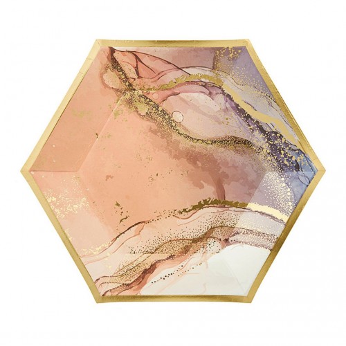 Πιάτο Χάρτινο Εξάγωνο Ροζ Marble με Χρυσό 18cm Πακ 10τμχ