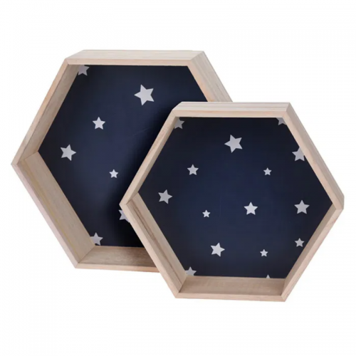 Ράφια Ξύλινα Εξάγωνα Μπλε με Λευκά Αστέρια Σετ 2τμχ