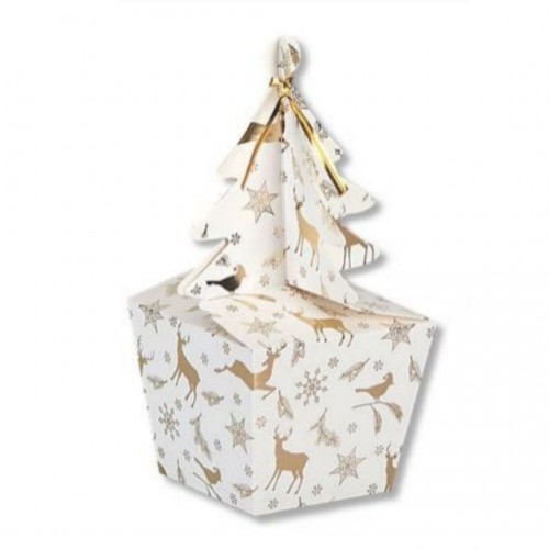 Κουτί Λευκό με Χρυσοτυπία Τάρανδο & Νιφάδες και Κλείσιμο σε Σχήμα Δέντρο 7.5x6.5x6cm