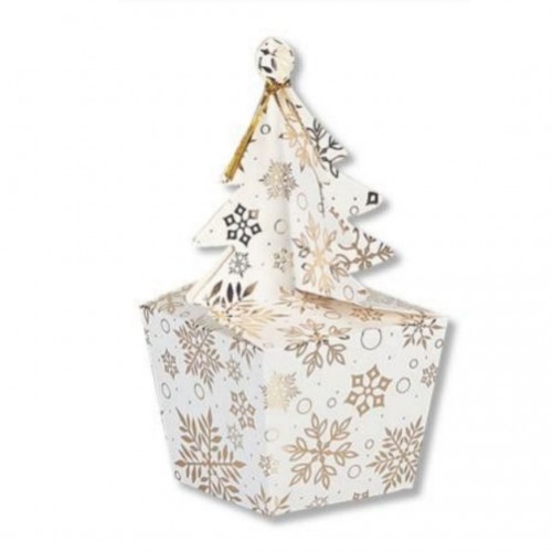 Κουτί Λευκό με Χρυσοτυπία Νιφάδα & Κυκλάκια και Κλείσιμο σε Σχήμα Δέντρο 7.5x6.5x6cm