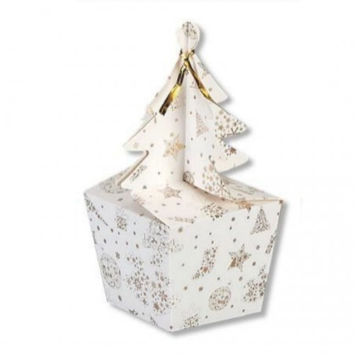 Κουτί Λευκό με Χρυσοτυπία  Αστέρι & Δέντρο και Κλείσιμο σε Σχήμα Δέντρο 7.5x6.5x6cm