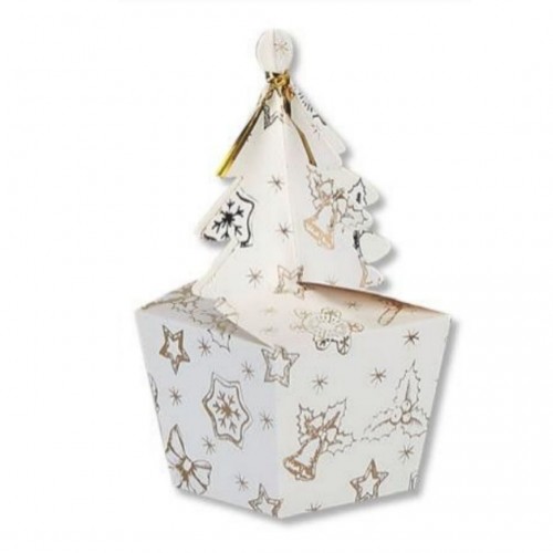 Κουτί Λευκό με Χρυσοτυπία  Καμπάνες & Γκι και Κλείσιμο σε Σχήμα Δέντρο 7.5x6.5x6cm