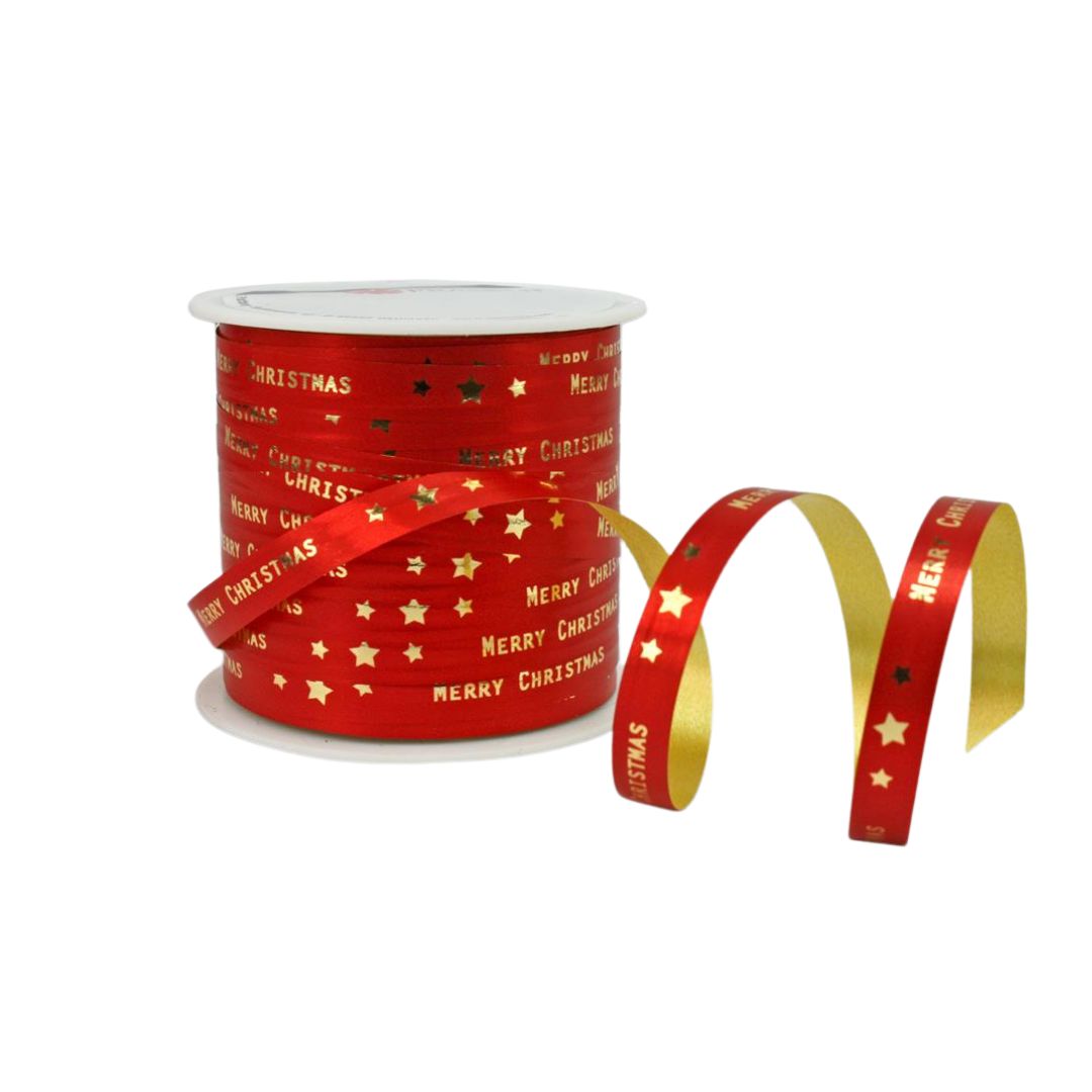 Ξυλοκορδέλα Κόκκινη Merry Christmas & Αστέρια Χρυσά 1cm 100m