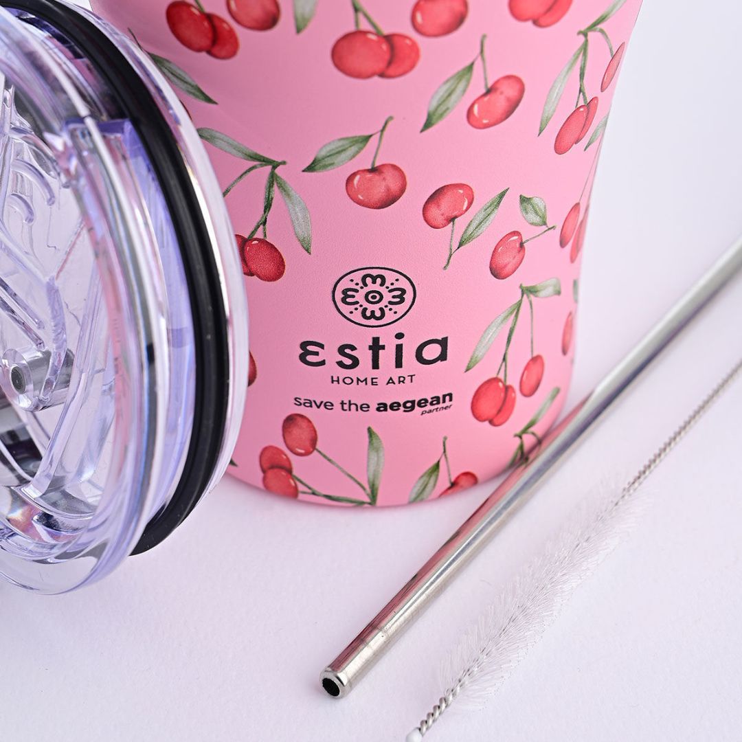 Estia Coffee Mug Save The Aegean Ποτήρι Θερμός με Καλαμάκι Cherry Rose 0.35lt